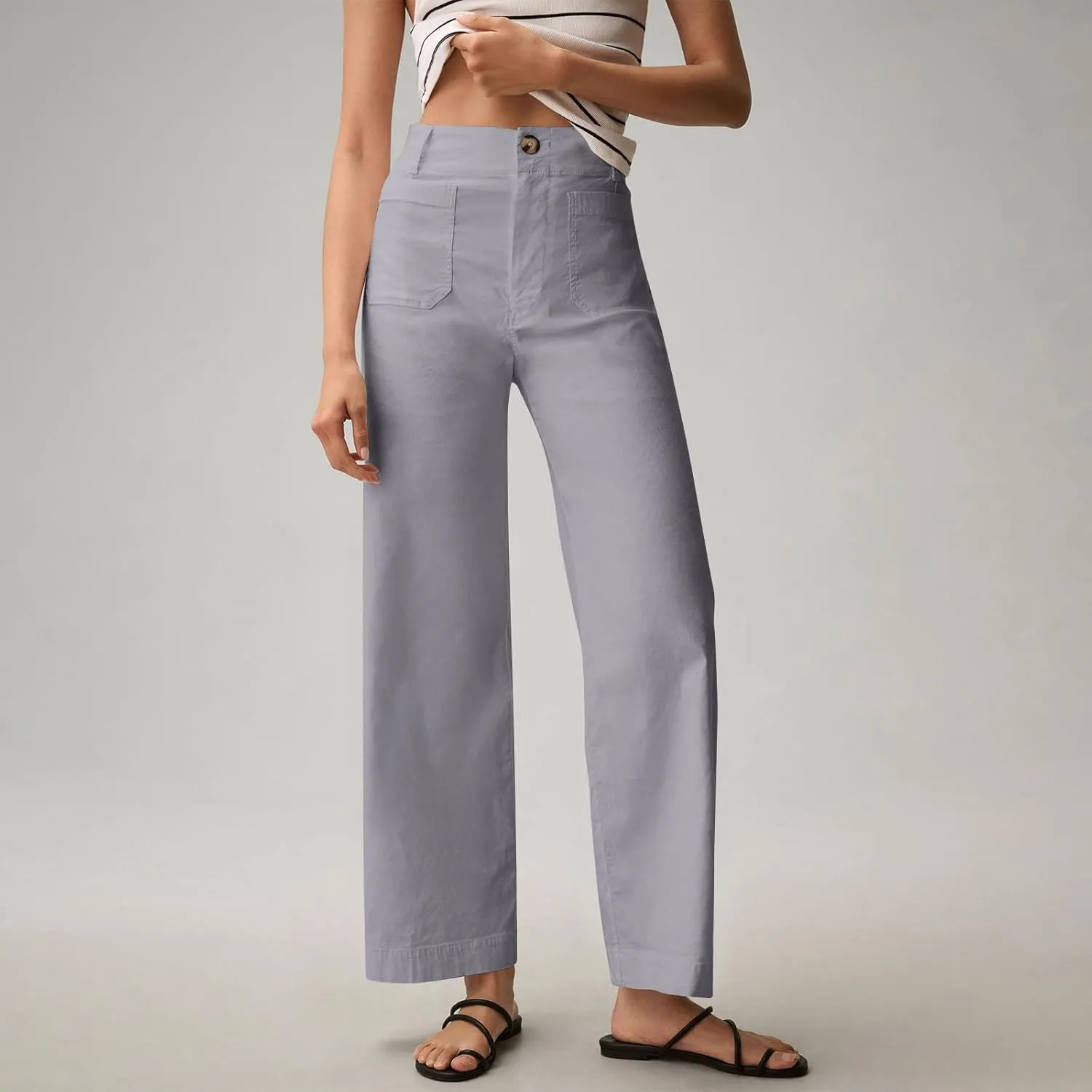 NBXNZWF Womens Wide Leg Cropped Pants Stretch Twill Jeans with Patch Pocket Straight Leg High Waisted Chino Casual Jeans