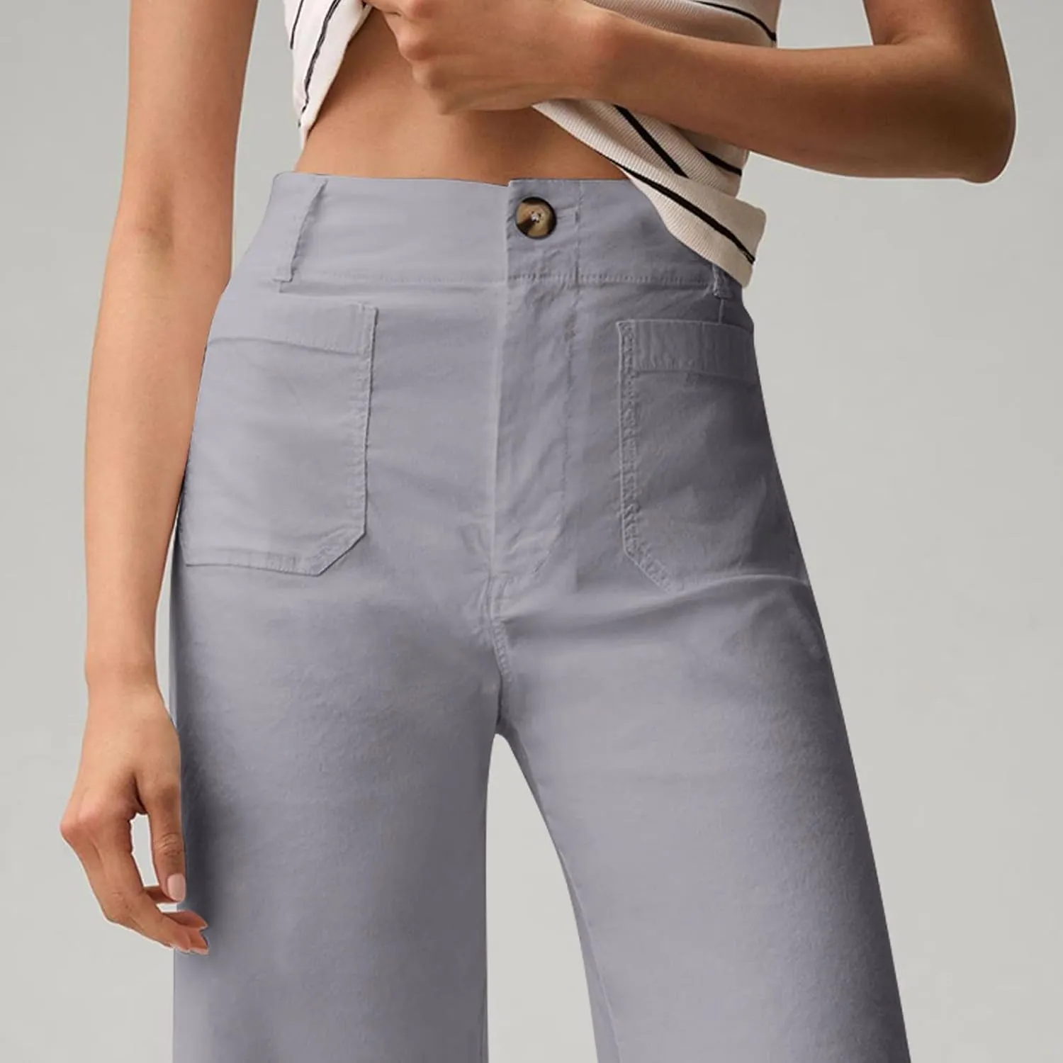 NBXNZWF Womens Wide Leg Cropped Pants Stretch Twill Jeans with Patch Pocket Straight Leg High Waisted Chino Casual Jeans