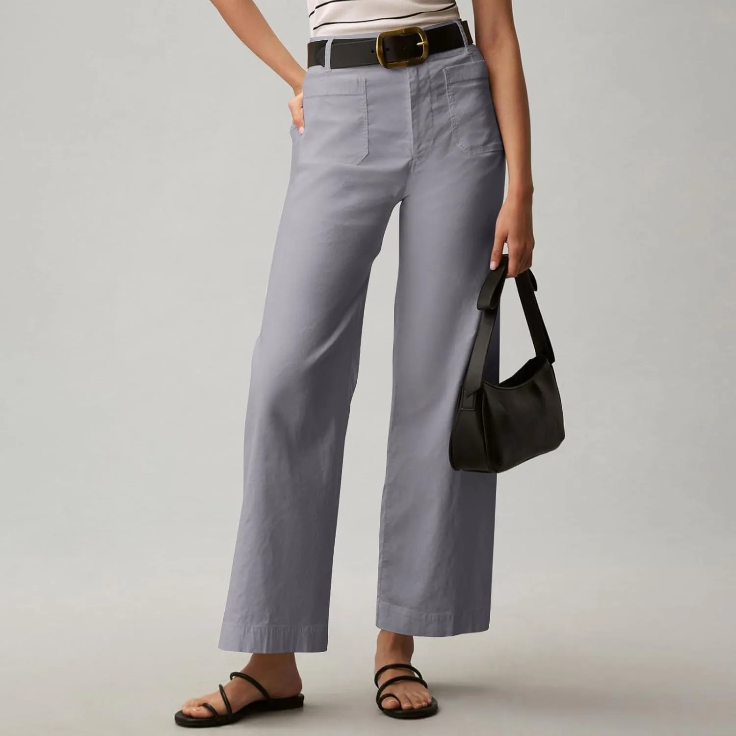 NBXNZWF Womens Wide Leg Cropped Pants Stretch Twill Jeans with Patch Pocket Straight Leg High Waisted Chino Casual Jeans
