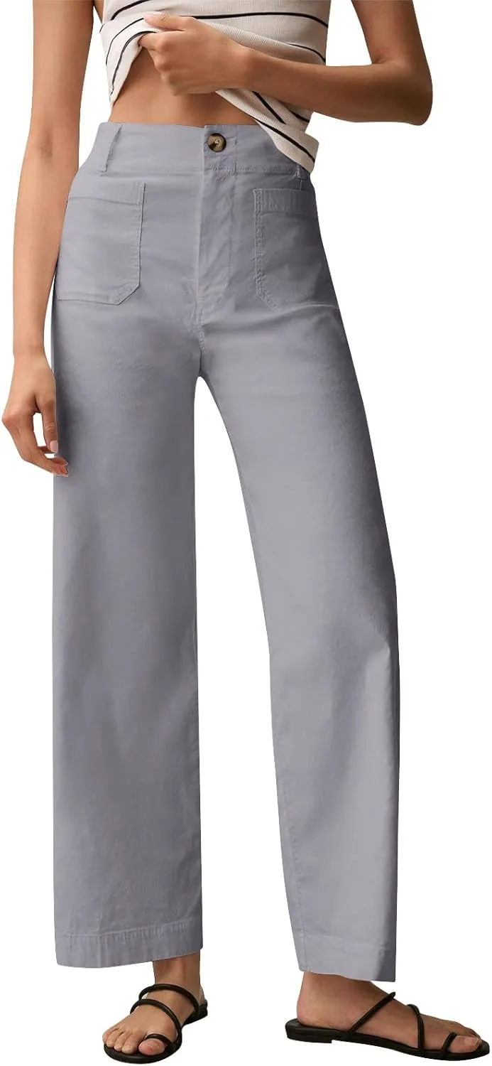 NBXNZWF Womens Wide Leg Cropped Pants Stretch Twill Jeans with Patch Pocket Straight Leg High Waisted Chino Casual Jeans