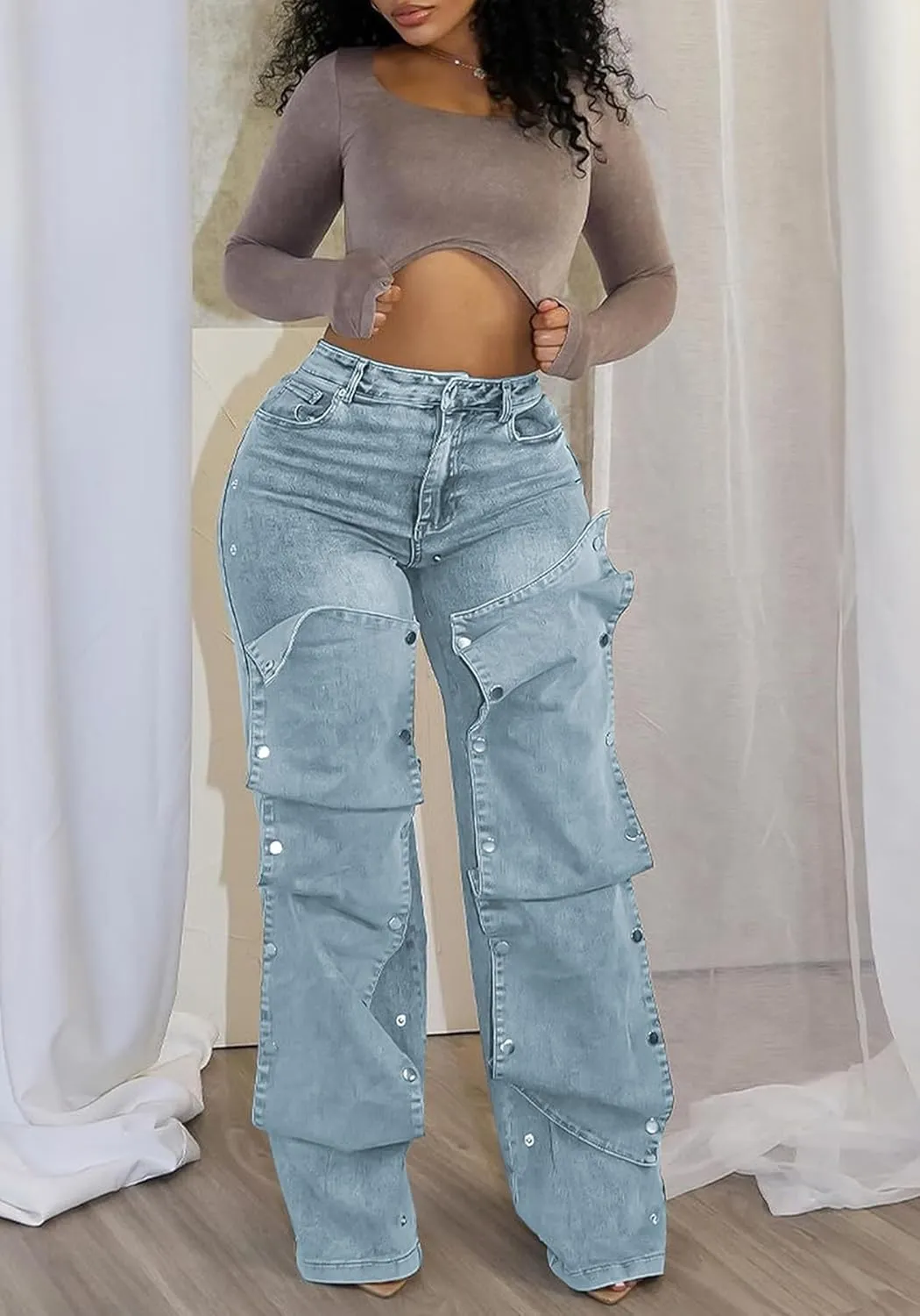 NRTHYE Women Cargo Jeans High Waisted Straight Wide Leg Jeans Pants Button Detachable Denim Cargo Trousers