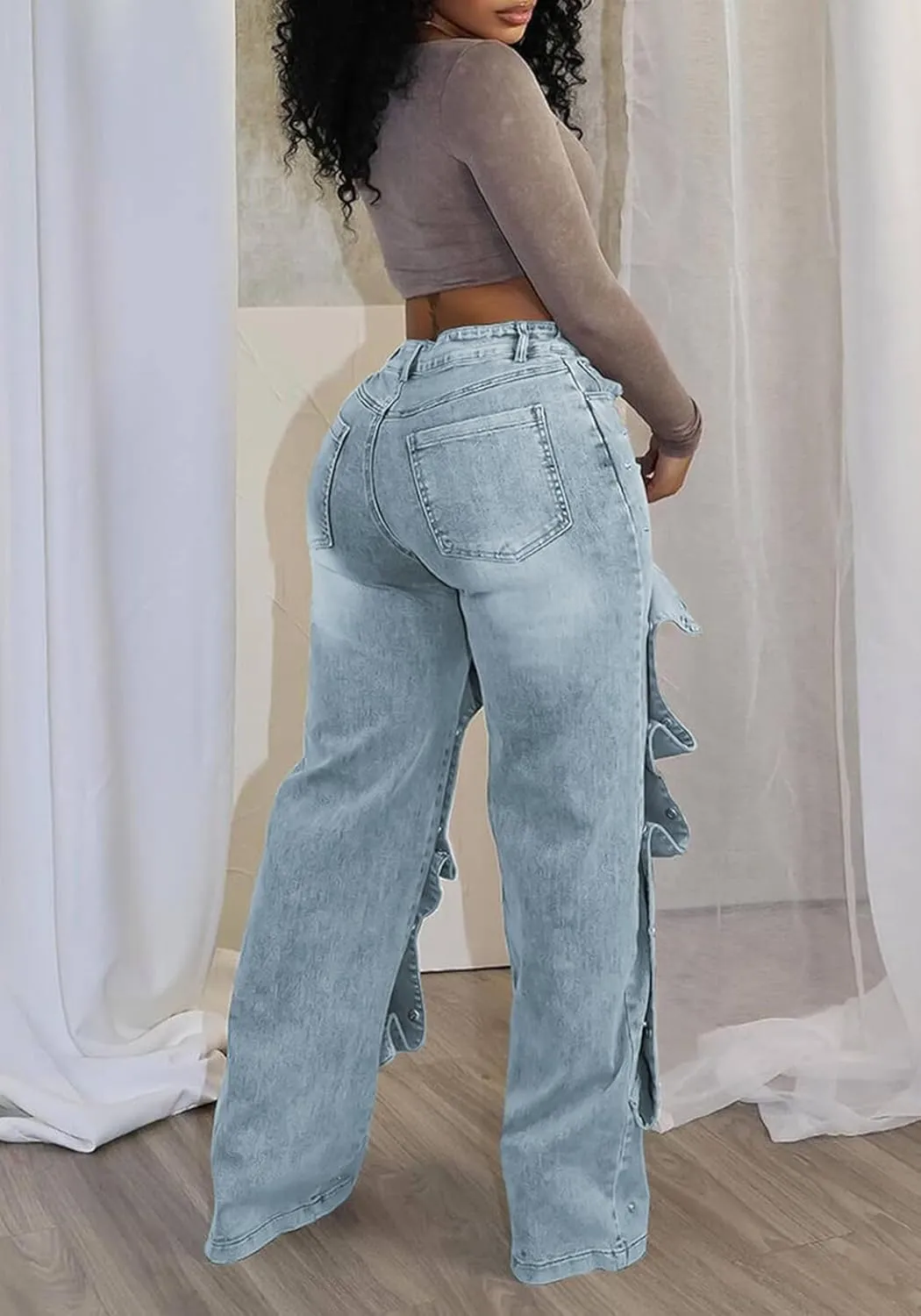 NRTHYE Women Cargo Jeans High Waisted Straight Wide Leg Jeans Pants Button Detachable Denim Cargo Trousers