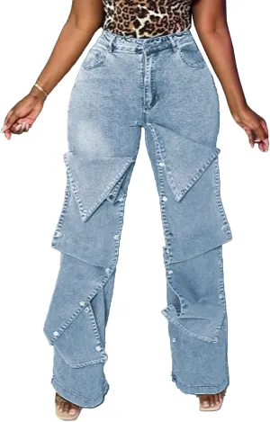NRTHYE Women Cargo Jeans High Waisted Straight Wide Leg Jeans Pants Button Detachable Denim Cargo Trousers