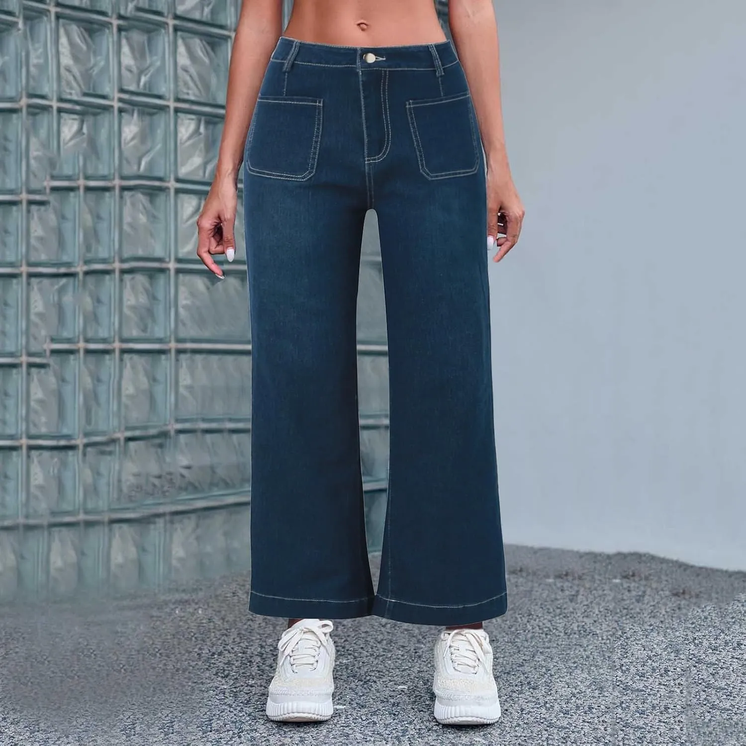 Obormi Cropped Jeans,Curvahouse High Waisted Stretchy Denim Pants for Womens,Tummy Control Cropped Wide-Leg Jeans