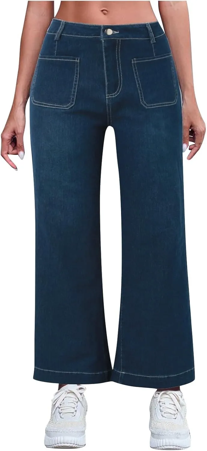 Obormi Cropped Jeans,Curvahouse High Waisted Stretchy Denim Pants for Womens,Tummy Control Cropped Wide-Leg Jeans