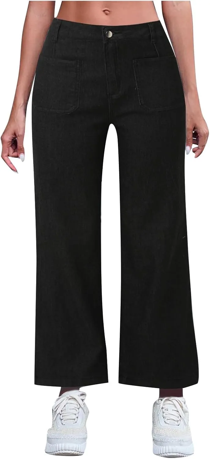 Obormi Cropped Jeans,Curvahouse High Waisted Stretchy Denim Pants for Womens,Tummy Control Cropped Wide-Leg Jeans