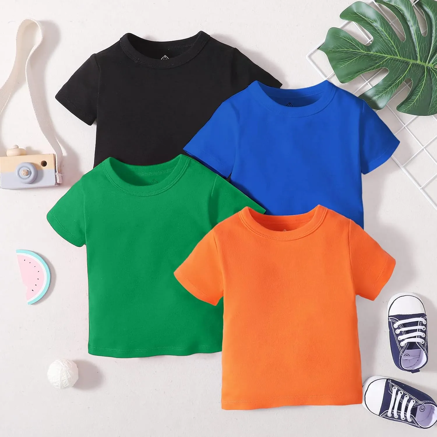 OPAWO Unisex Infant Baby Crew Neck T-Shirt 4 Pack Toddler Short Sleeve Solid Color Tees Shirts for Boys Girls 6 Months-5T