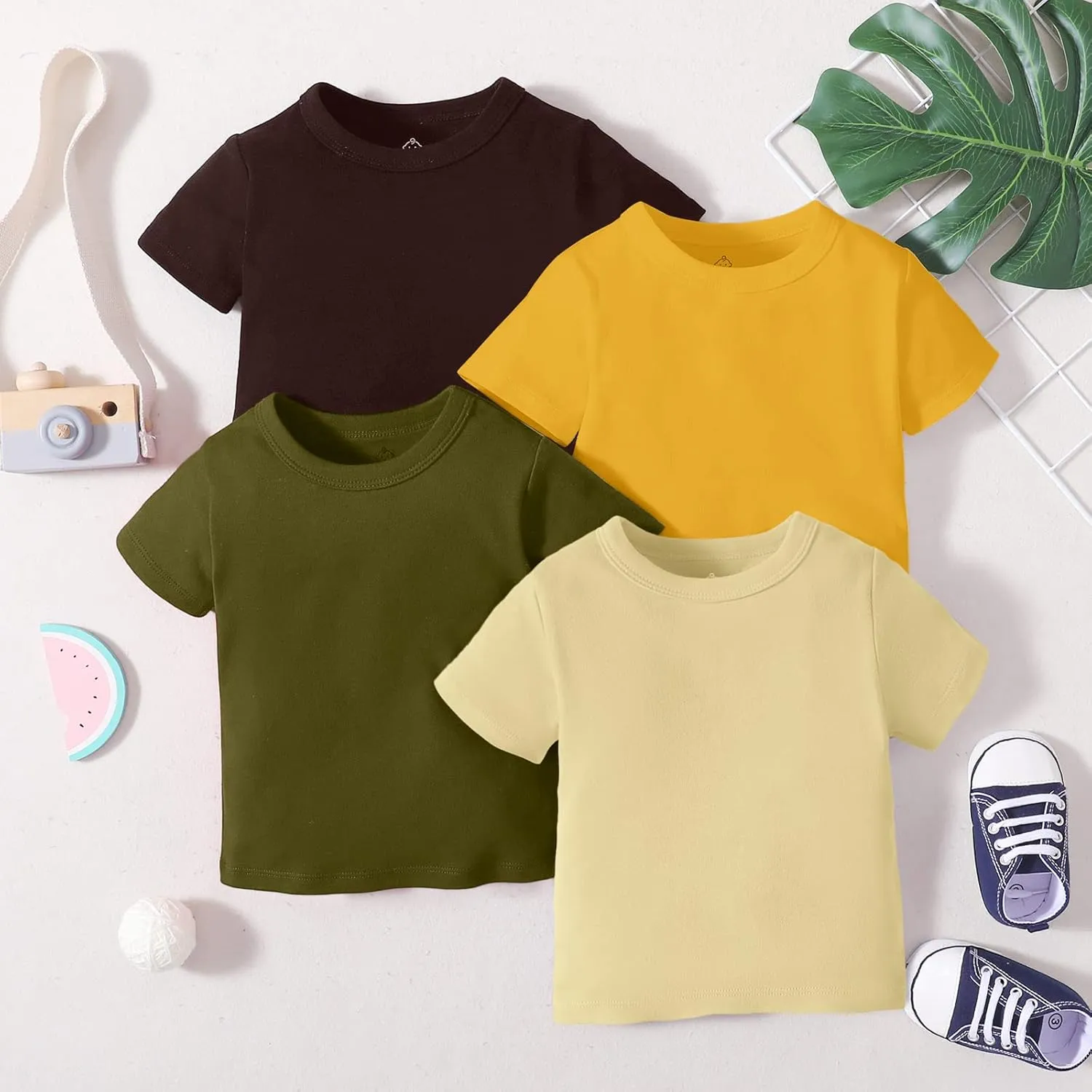 OPAWO Unisex Infant Baby Crew Neck T-Shirt 4 Pack Toddler Short Sleeve Solid Color Tees Shirts for Boys Girls 6 Months-5T