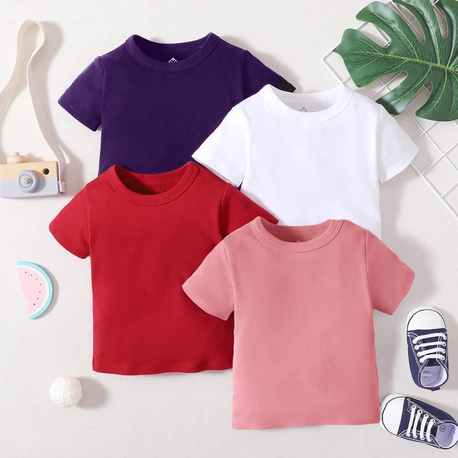 OPAWO Unisex Infant Baby Crew Neck T-Shirt 4 Pack Toddler Short Sleeve Solid Color Tees Shirts for Boys Girls 6 Months-5T