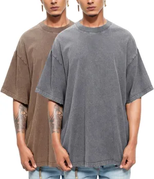 Oversized Gym Shirts Loose Fit Tees for Men 2 Pack Cotton T Shirts Streetwear Vintage Wash Tshirt JTX002