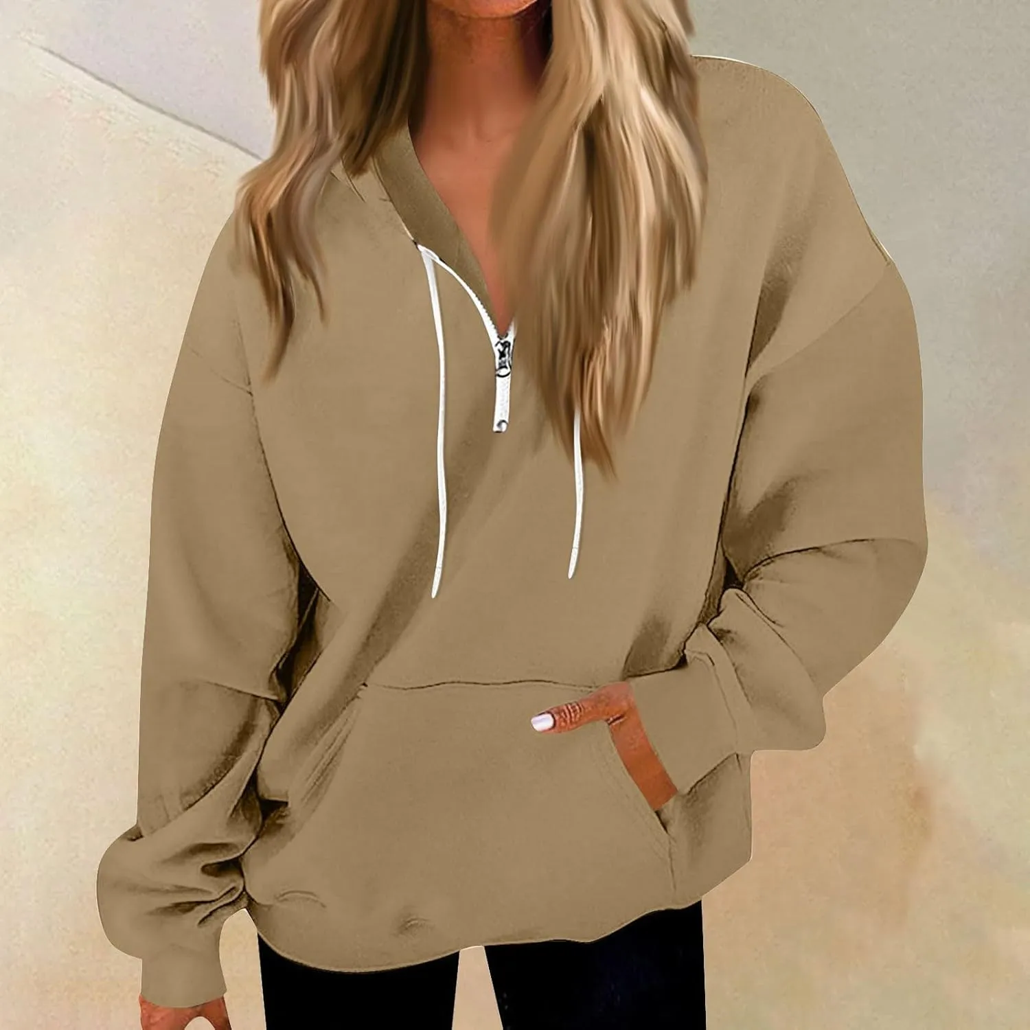 Oversized Hoodies for Women Y2k Trendy Fleece Quarter Zip Pullover Drawstring Long Sleeve Hooded Sweatshirt w/Pockets