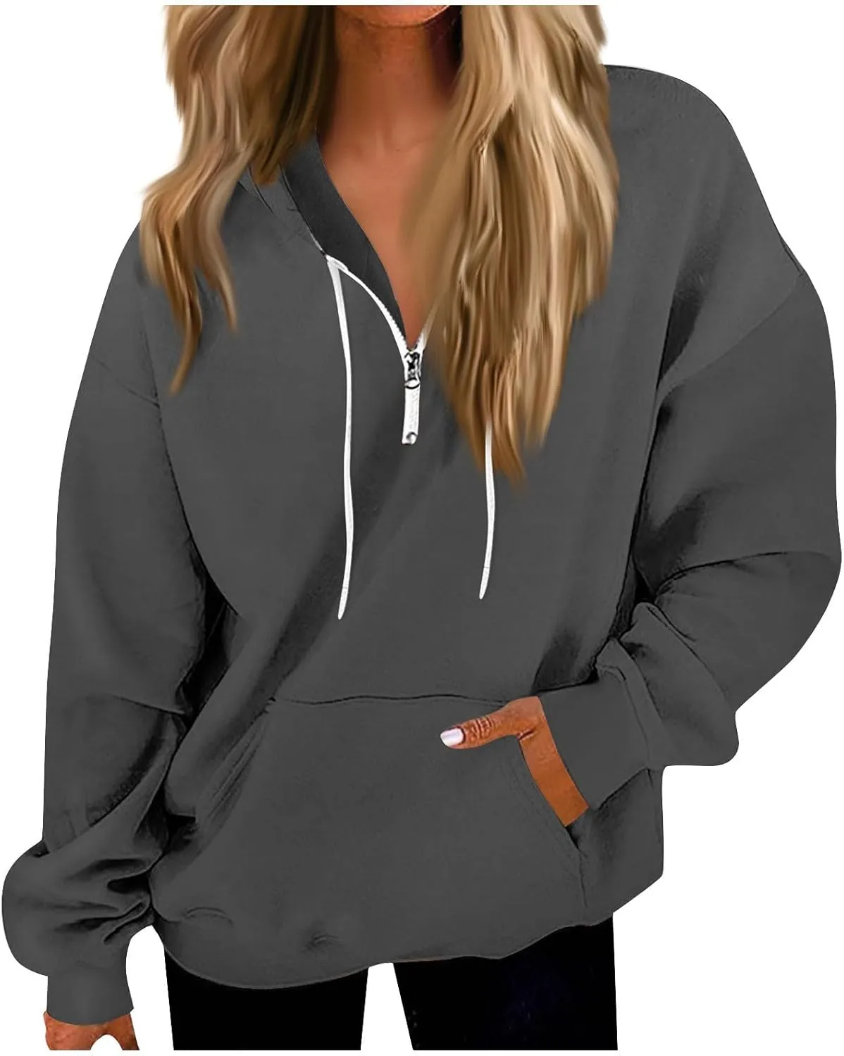 Oversized Hoodies for Women Y2k Trendy Fleece Quarter Zip Pullover Drawstring Long Sleeve Hooded Sweatshirt w/Pockets