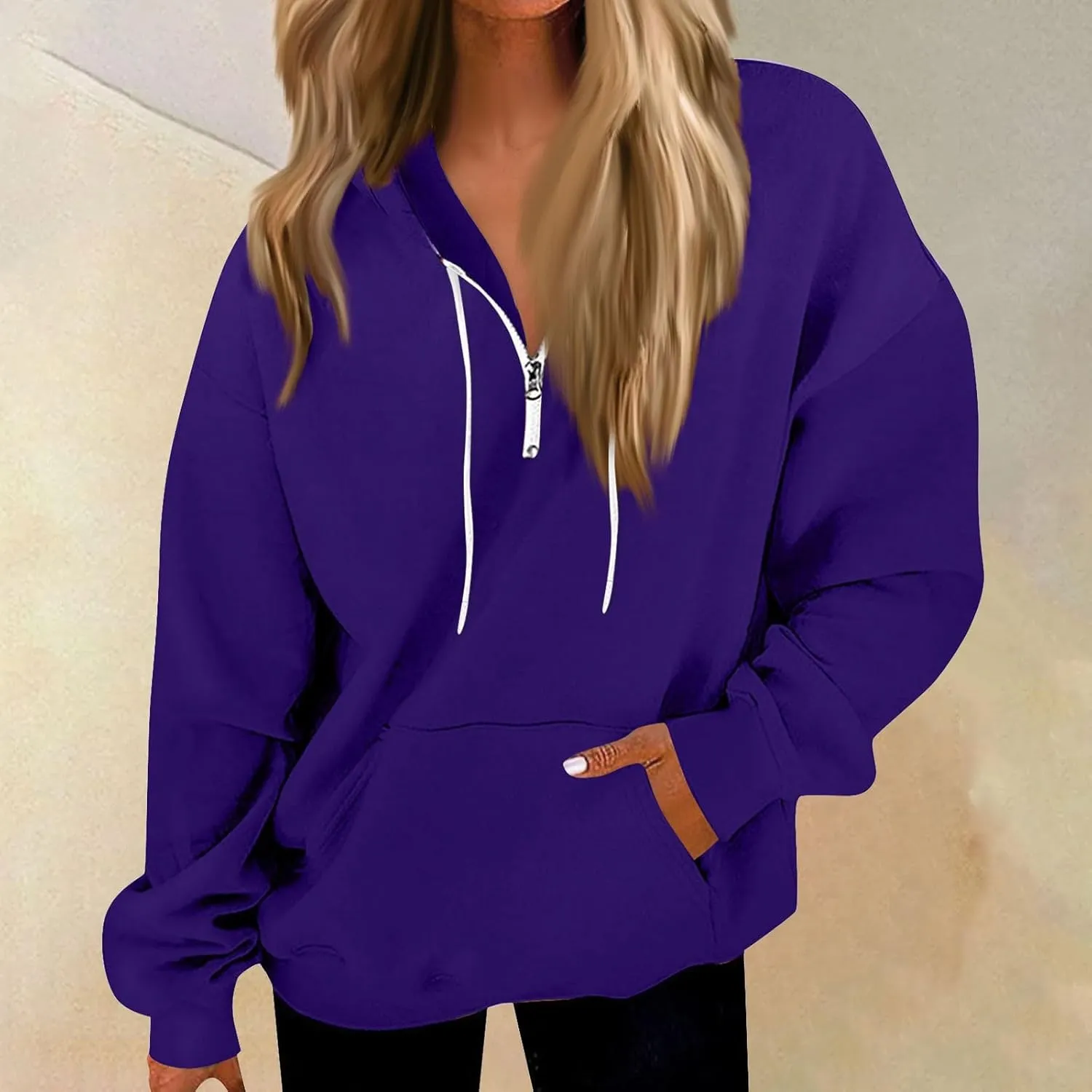 Oversized Hoodies for Women Y2k Trendy Fleece Quarter Zip Pullover Drawstring Long Sleeve Hooded Sweatshirt w/Pockets