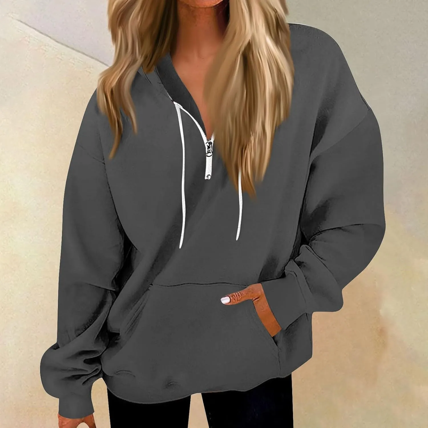 Oversized Hoodies for Women Y2k Trendy Fleece Quarter Zip Pullover Drawstring Long Sleeve Hooded Sweatshirt w/Pockets