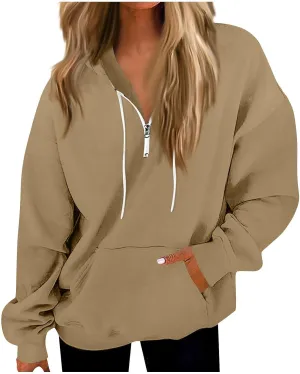 Oversized Hoodies for Women Y2k Trendy Fleece Quarter Zip Pullover Drawstring Long Sleeve Hooded Sweatshirt w/Pockets