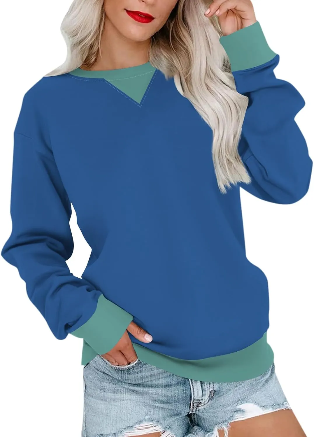 Oversized Sweatshirt for Women Fall Fashion Long Sleeve Crewneck Pullover Trendy Color Block Y2K Clothes