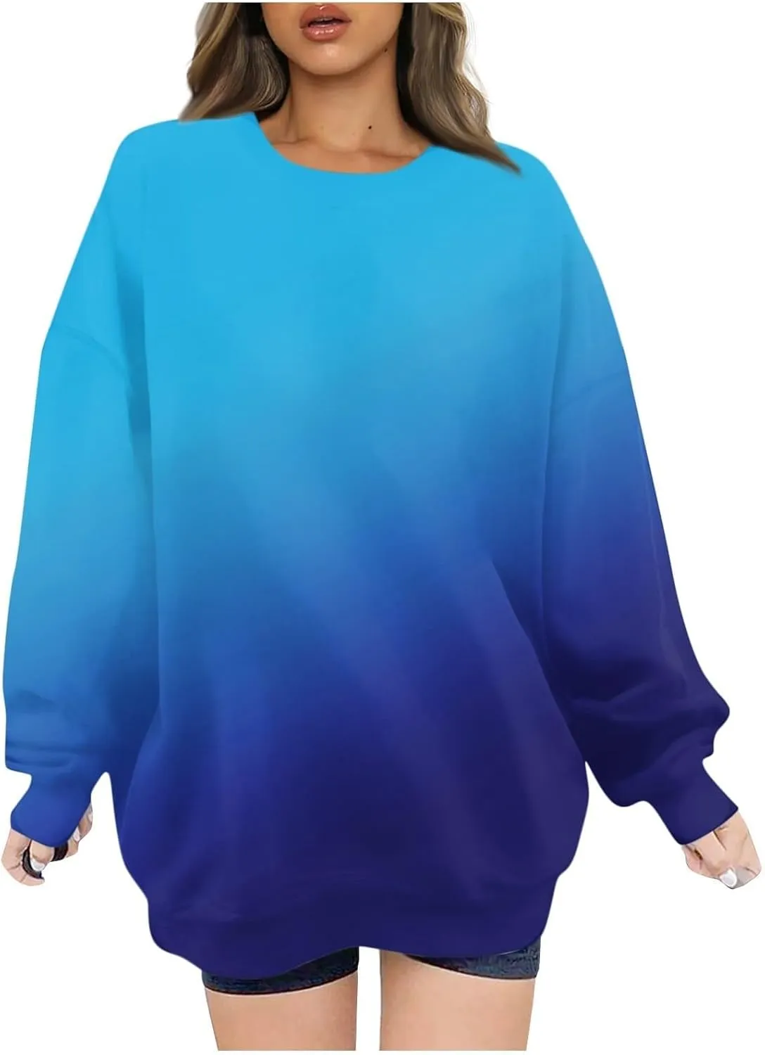Oversized Sweatshirt for Women Gradient Color Tie-Dye Print Casual Crewneck Sweater Tops Loose Fit Long Sleeve Clothes