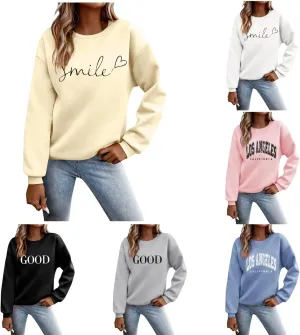 Oversized Sweatshirts for Women Smile Letter Graphic Crewneck Long Sleeve Pullover Tops Fleece Fall Preppy Shirts