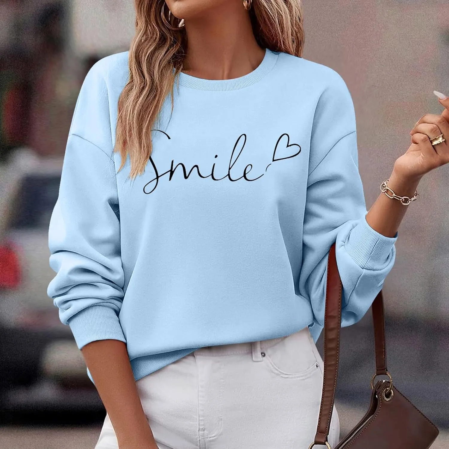 Oversized Sweatshirts for Women Smile Letter Graphic Crewneck Long Sleeve Pullover Tops Fleece Fall Preppy Shirts