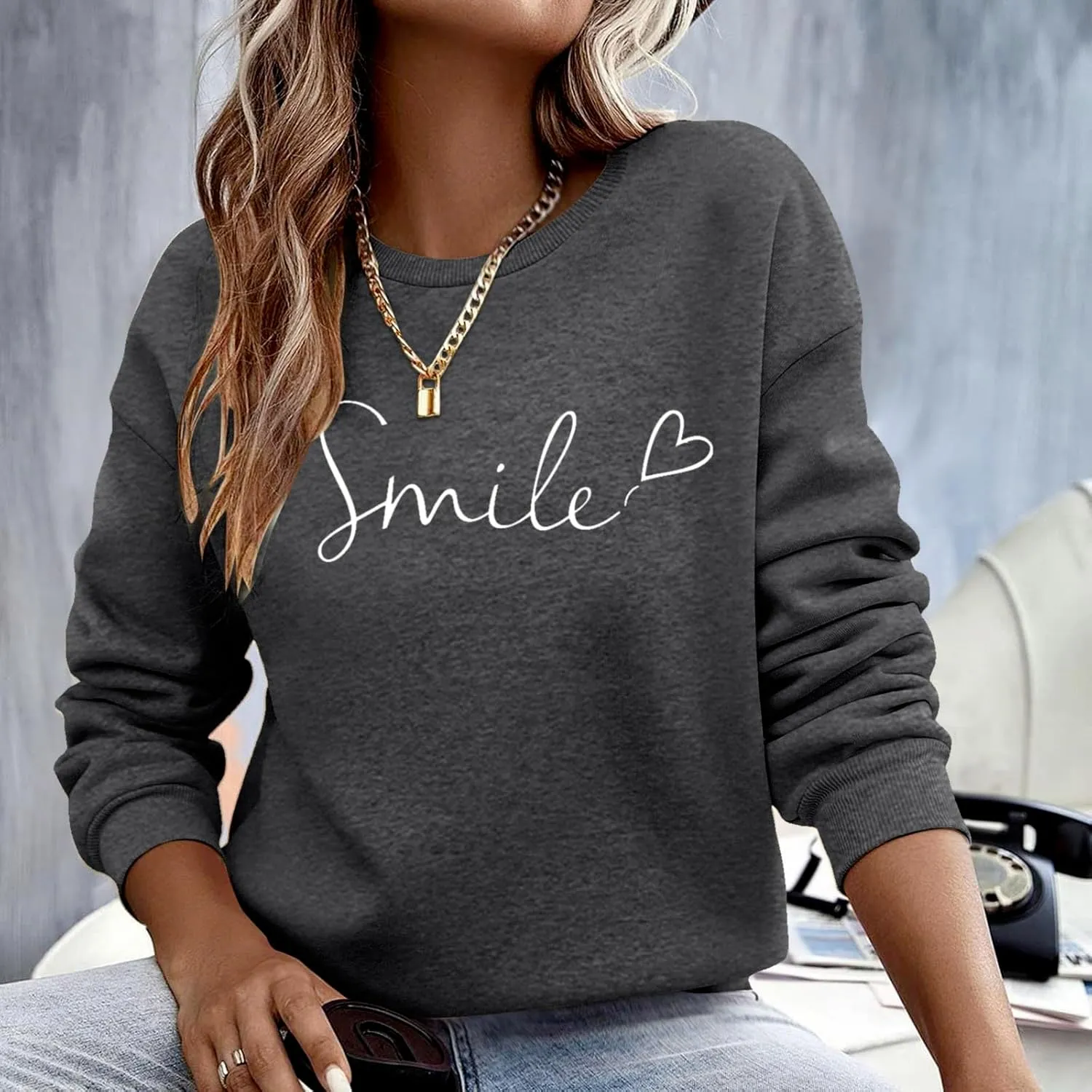Oversized Sweatshirts for Women Smile Letter Graphic Crewneck Long Sleeve Pullover Tops Fleece Fall Preppy Shirts