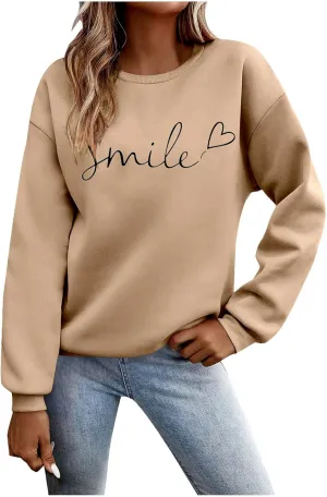 Oversized Sweatshirts for Women Smile Letter Graphic Crewneck Long Sleeve Pullover Tops Fleece Fall Preppy Shirts