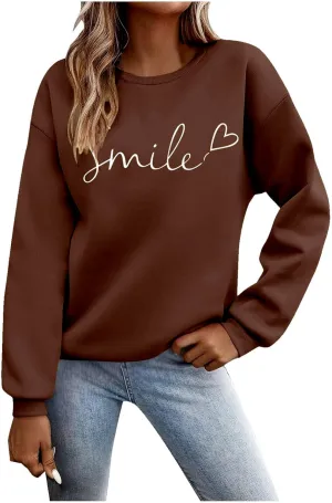 Oversized Sweatshirts for Women Smile Letter Graphic Crewneck Long Sleeve Pullover Tops Fleece Fall Preppy Shirts