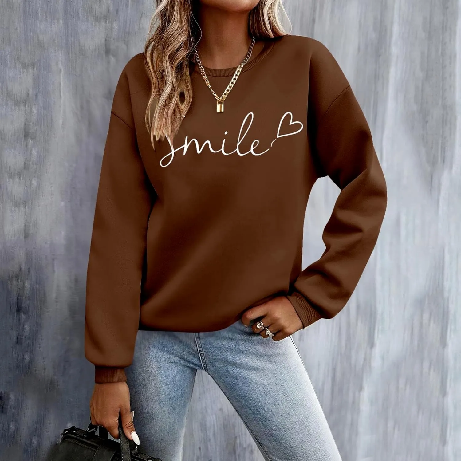 Oversized Sweatshirts for Women Smile Letter Graphic Crewneck Long Sleeve Pullover Tops Fleece Fall Preppy Shirts