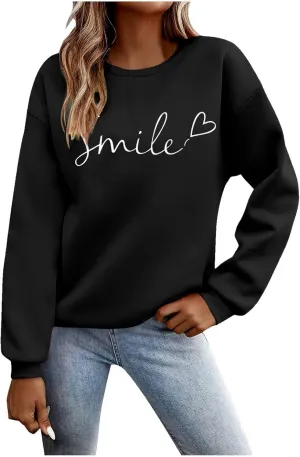Oversized Sweatshirts for Women Smile Letter Graphic Crewneck Long Sleeve Pullover Tops Fleece Fall Preppy Shirts