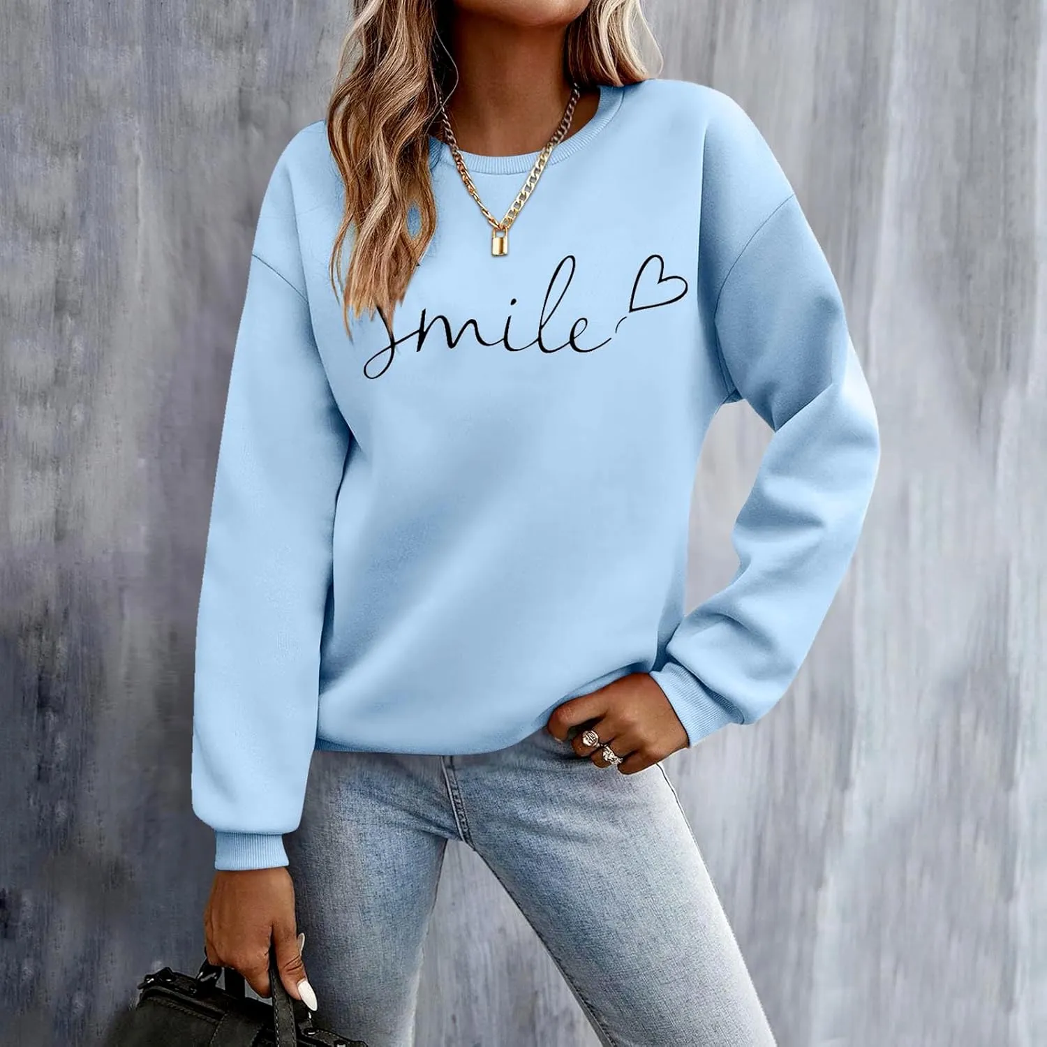 Oversized Sweatshirts for Women Smile Letter Graphic Crewneck Long Sleeve Pullover Tops Fleece Fall Preppy Shirts
