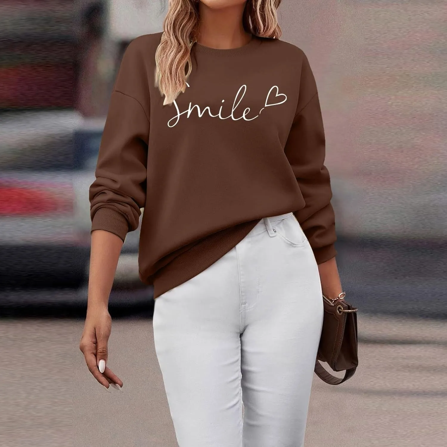 Oversized Sweatshirts for Women Smile Letter Graphic Crewneck Long Sleeve Pullover Tops Fleece Fall Preppy Shirts