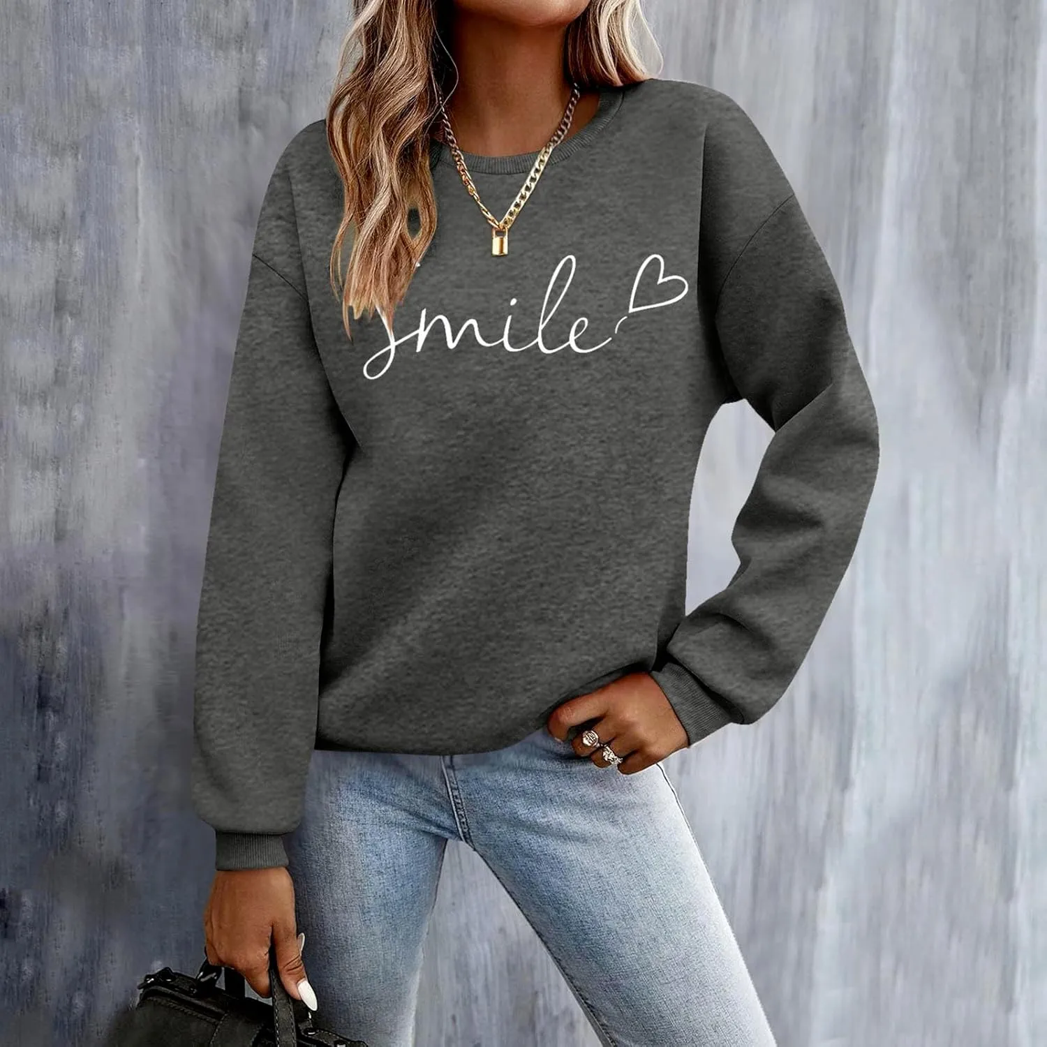 Oversized Sweatshirts for Women Smile Letter Graphic Crewneck Long Sleeve Pullover Tops Fleece Fall Preppy Shirts