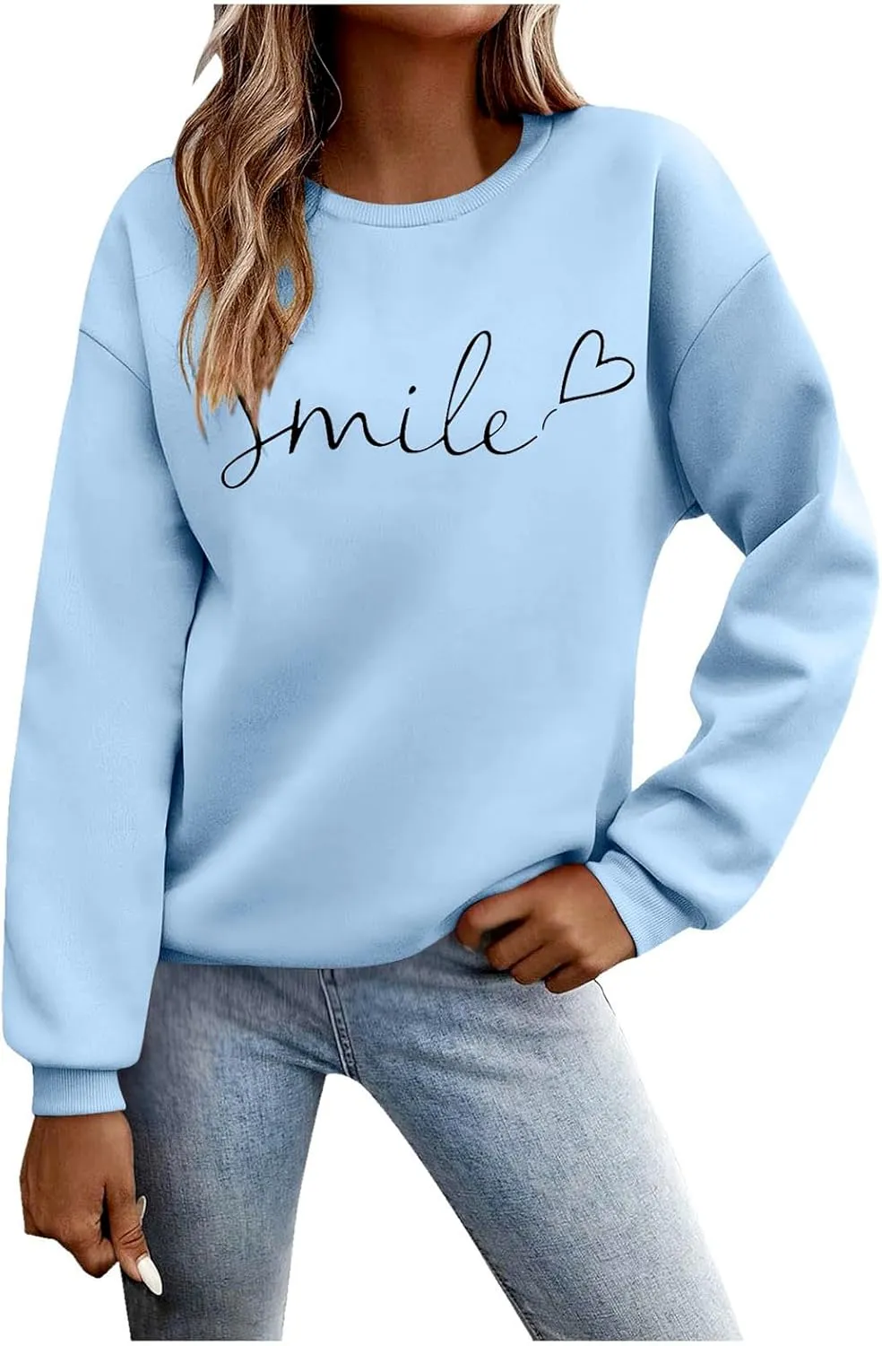 Oversized Sweatshirts for Women Smile Letter Graphic Crewneck Long Sleeve Pullover Tops Fleece Fall Preppy Shirts
