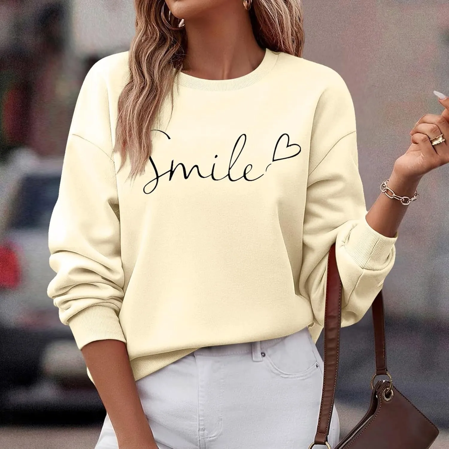 Oversized Sweatshirts for Women Smile Letter Graphic Crewneck Long Sleeve Pullover Tops Fleece Fall Preppy Shirts