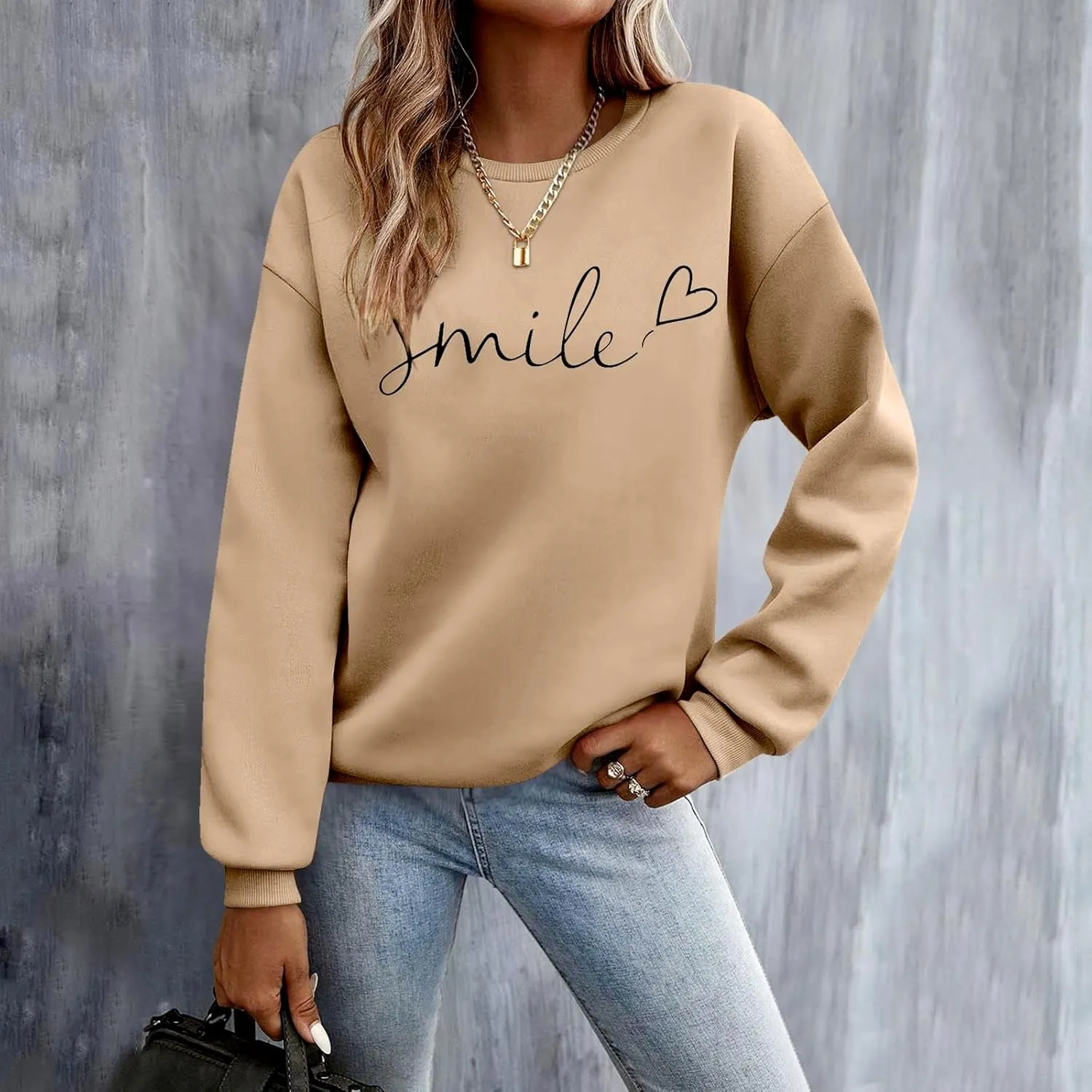 Oversized Sweatshirts for Women Smile Letter Graphic Crewneck Long Sleeve Pullover Tops Fleece Fall Preppy Shirts