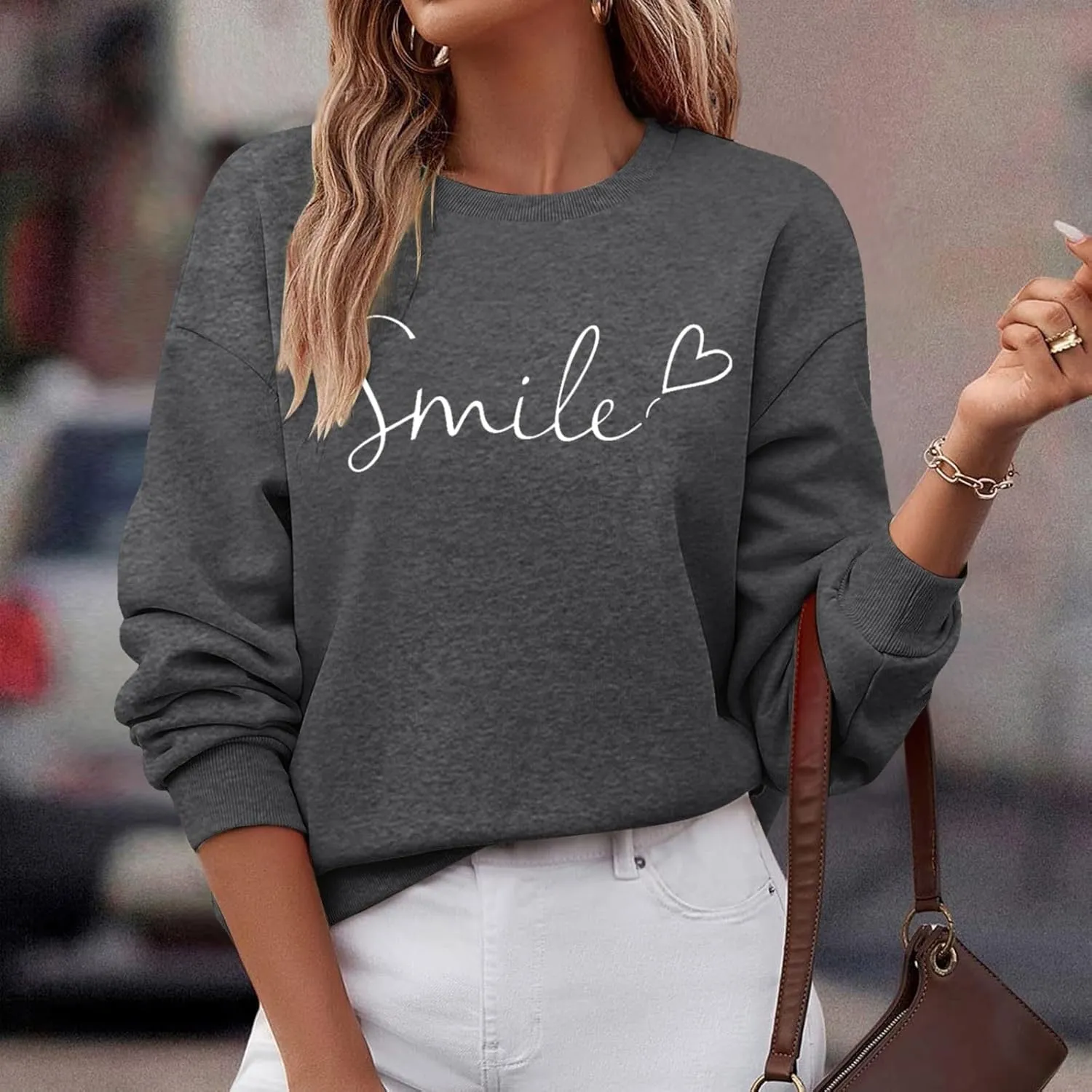 Oversized Sweatshirts for Women Smile Letter Graphic Crewneck Long Sleeve Pullover Tops Fleece Fall Preppy Shirts