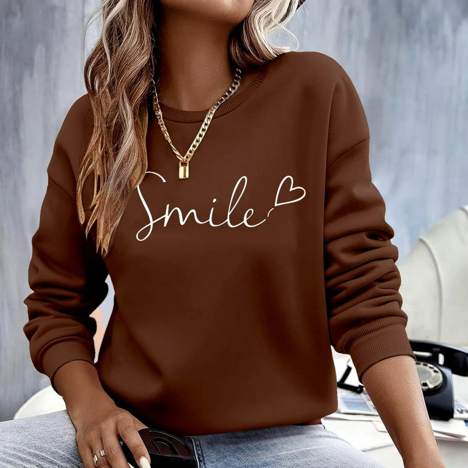 Oversized Sweatshirts for Women Smile Letter Graphic Crewneck Long Sleeve Pullover Tops Fleece Fall Preppy Shirts