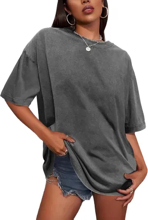 Oversized T Shirts for Women Vintage Baggy Grunge Tshirts Short Sleeve Wash Cotton Tees Y2K Tops Trendy