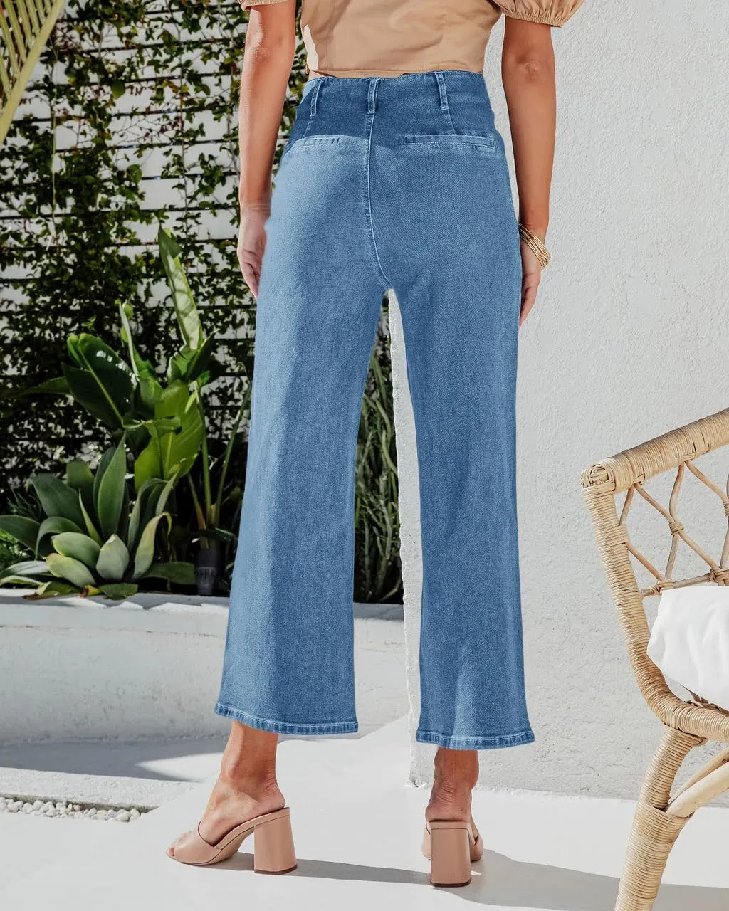 PLNOTME Womens High Waisted Cropped Jeans Trendy Wide Leg Tummy Control Capri Button Fly Denim Pants