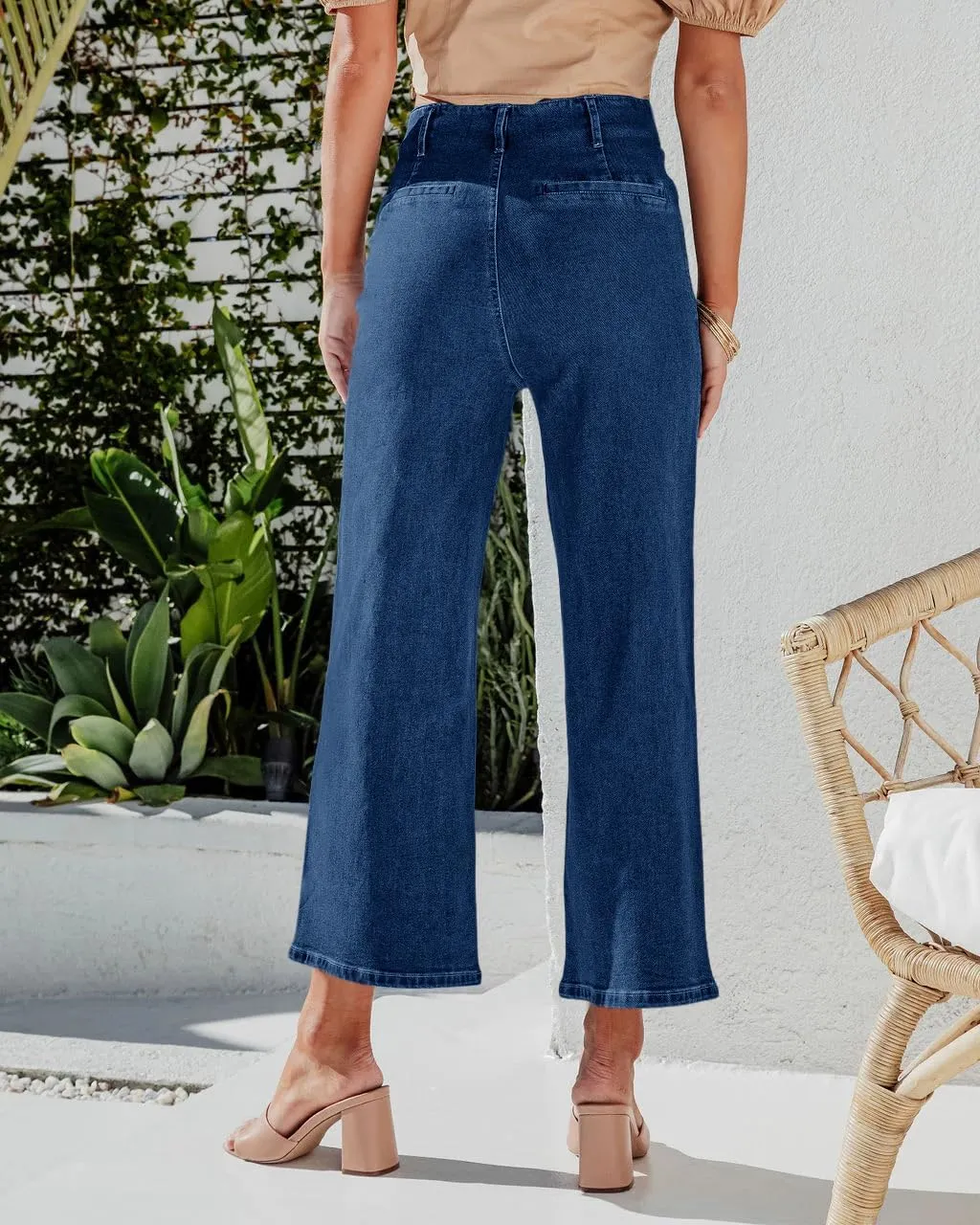 PLNOTME Womens High Waisted Cropped Jeans Trendy Wide Leg Tummy Control Capri Button Fly Denim Pants