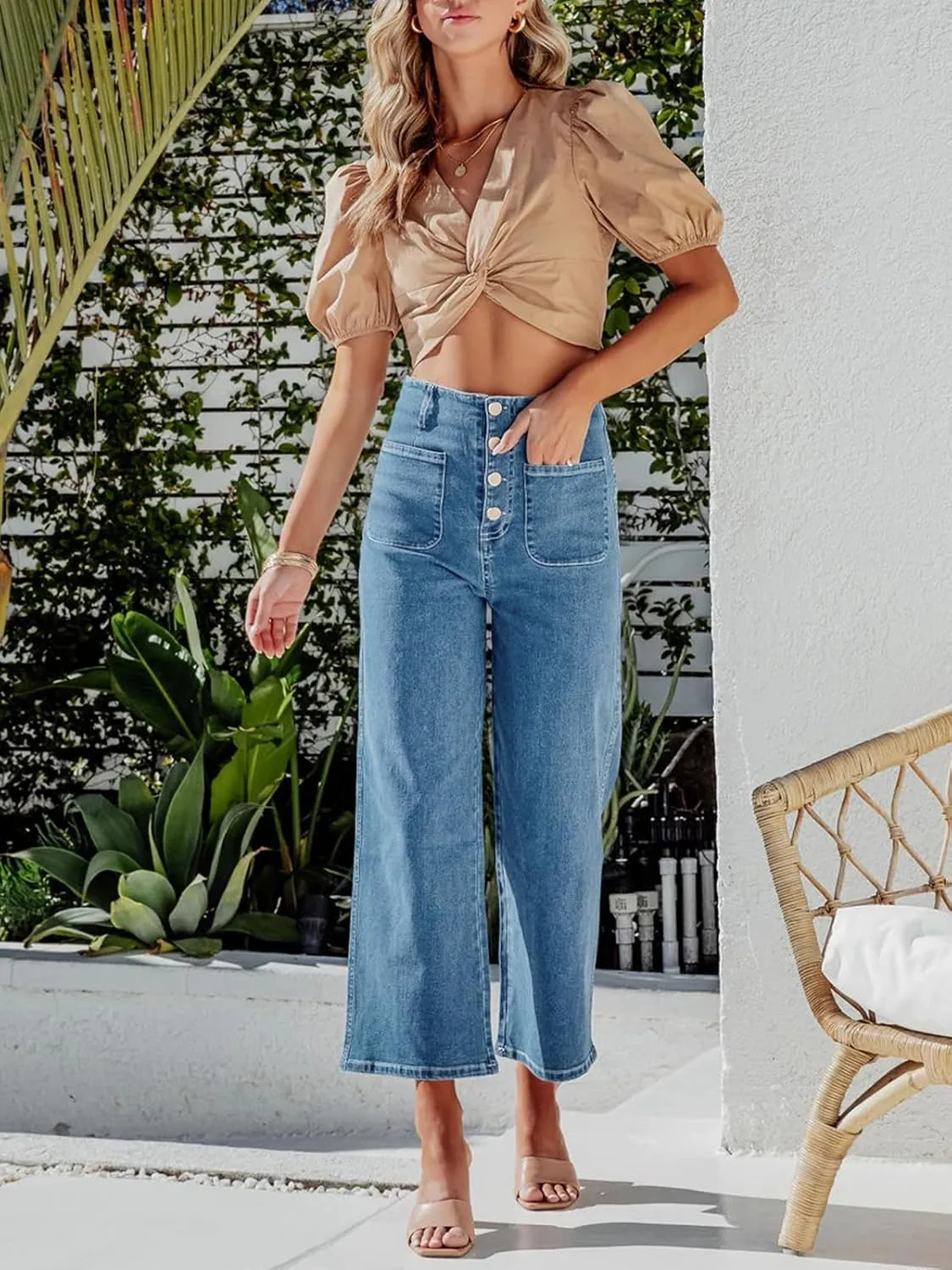 PLNOTME Womens High Waisted Cropped Jeans Trendy Wide Leg Tummy Control Capri Button Fly Denim Pants