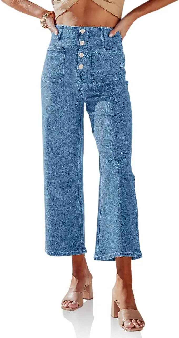 PLNOTME Womens High Waisted Cropped Jeans Trendy Wide Leg Tummy Control Capri Button Fly Denim Pants