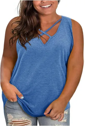 Plus Size Tank Tops for Women Summer Loose Fit Sleeveless Sexy V Neck T Shirts Casual Fashion Solid Color Tees Tops