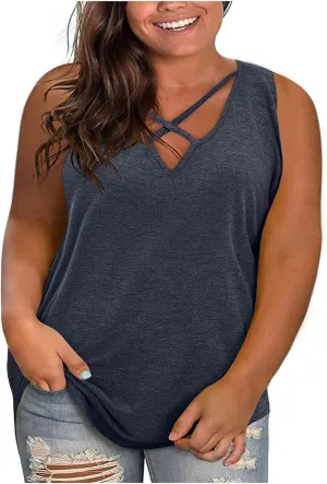 Plus Size Tank Tops for Women Summer Loose Fit Sleeveless Sexy V Neck T Shirts Casual Fashion Solid Color Tees Tops