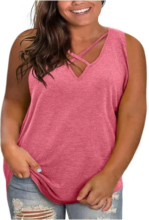 Plus Size Tank Tops for Women Summer Loose Fit Sleeveless Sexy V Neck T Shirts Casual Fashion Solid Color Tees Tops