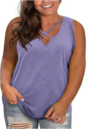 Plus Size Tank Tops for Women Summer Loose Fit Sleeveless Sexy V Neck T Shirts Casual Fashion Solid Color Tees Tops