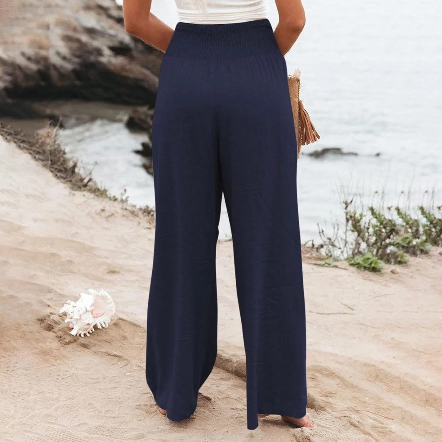 Plus Size Wide Leg Pants for Women Loose Fit Elastic High Waisted Straight Leg Palazzo Pant with Pockets Lounge Trousers