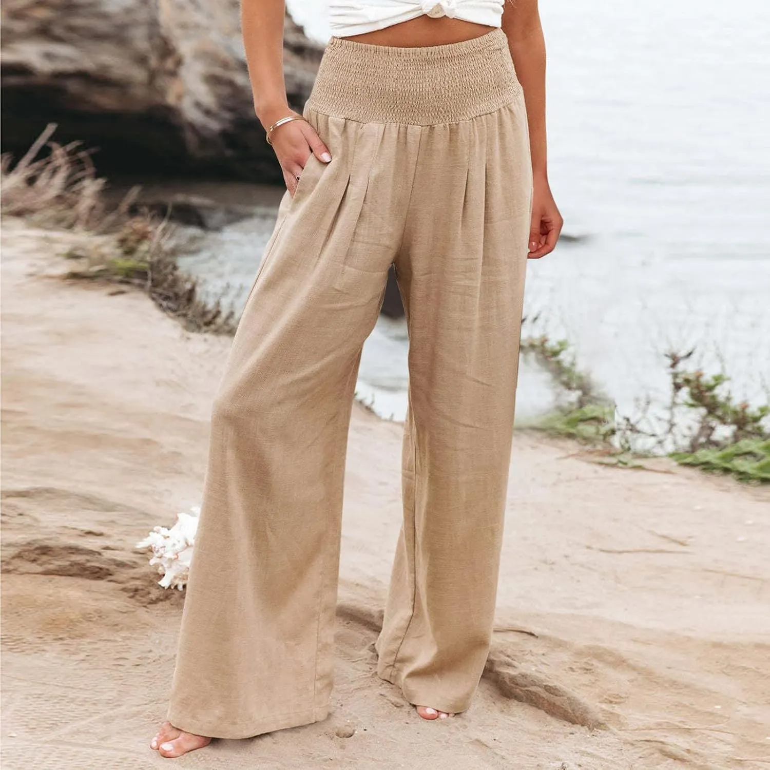 Plus Size Wide Leg Pants for Women Loose Fit Elastic High Waisted Straight Leg Palazzo Pant with Pockets Lounge Trousers