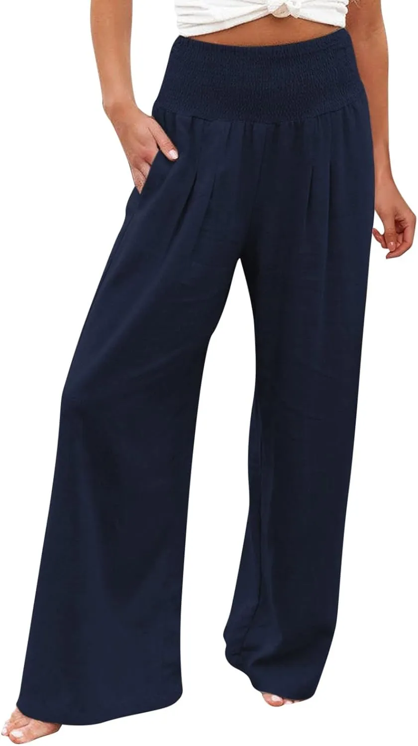 Plus Size Wide Leg Pants for Women Loose Fit Elastic High Waisted Straight Leg Palazzo Pant with Pockets Lounge Trousers