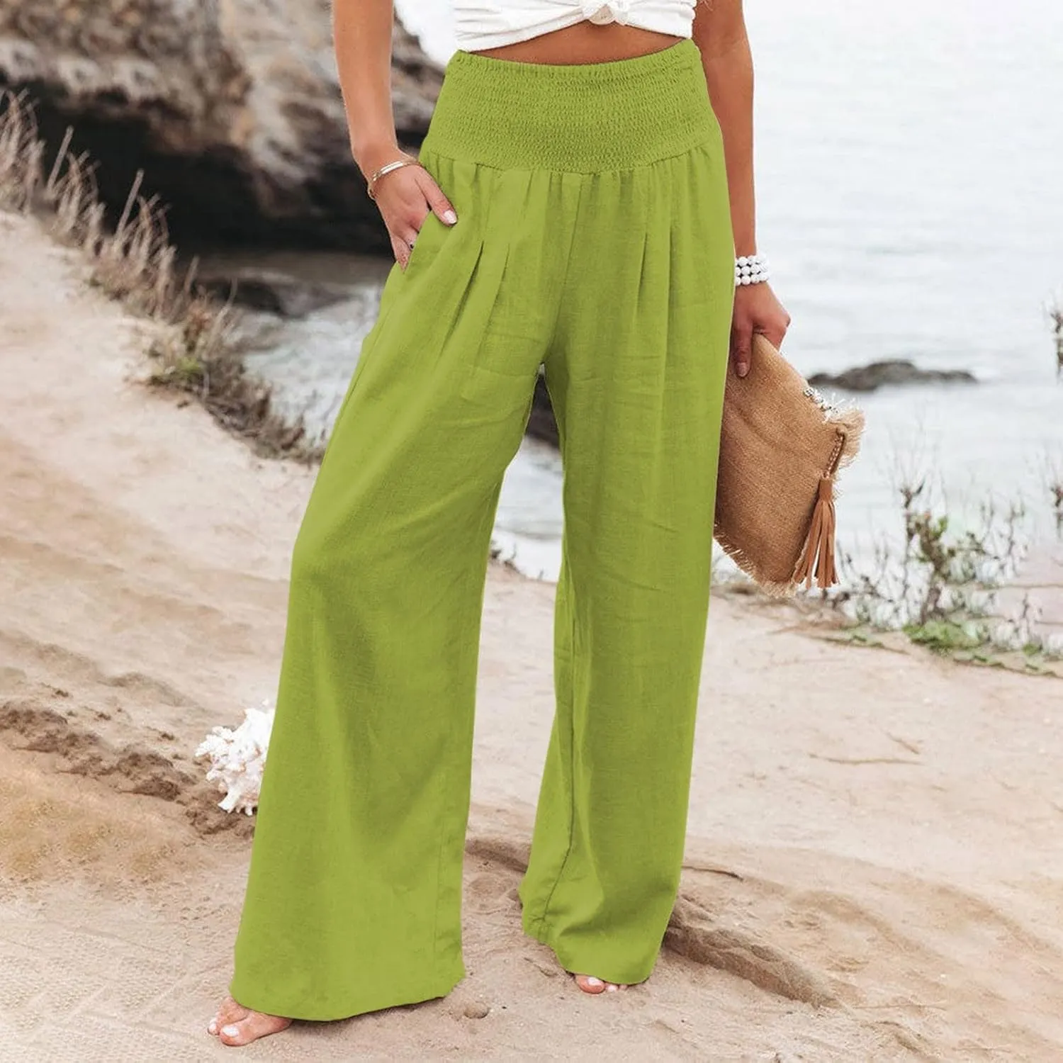Plus Size Wide Leg Pants for Women Loose Fit Elastic High Waisted Straight Leg Palazzo Pant with Pockets Lounge Trousers