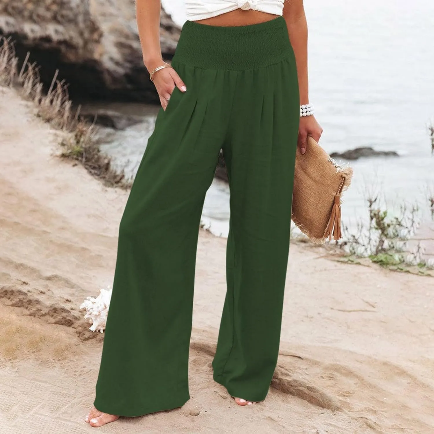 Plus Size Wide Leg Pants for Women Loose Fit Elastic High Waisted Straight Leg Palazzo Pant with Pockets Lounge Trousers
